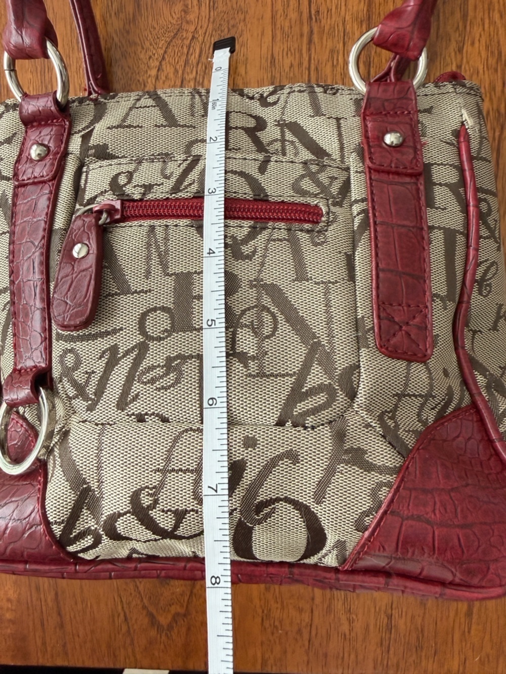 Y2K Script Print Shoulder Bag Red Croc Trim Tote Purse Vintage - Picture 10 of 11